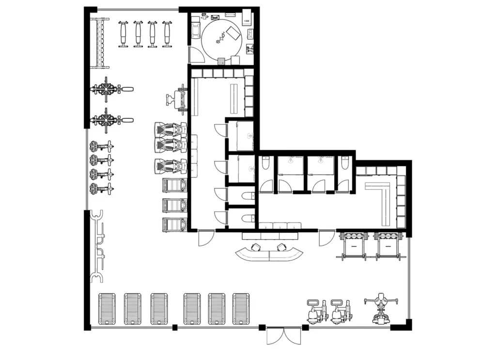 Detailed architectural floor plan of a fully equipped gym showing cardio, strength and treatment zones, laid out to meet Class 9b approval gym requirements