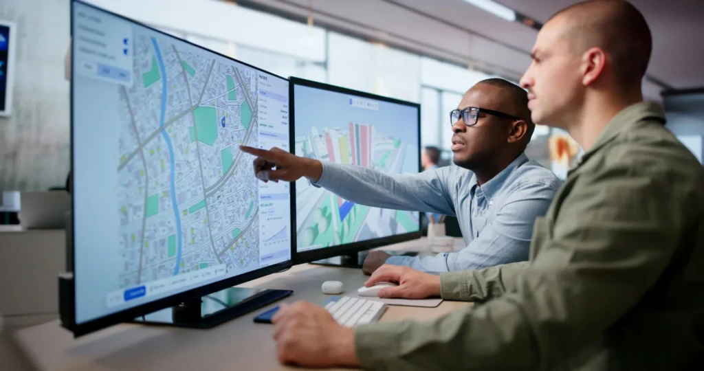 Two professionals reviewing zoning, valuation and site data on large screens, the kind of analysis a town planner provides when helping decide if you need one or can lodge a DA yourself
